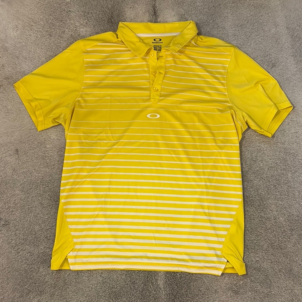 Oakley Yellow and White Polo Shirt with Subtle Stripes